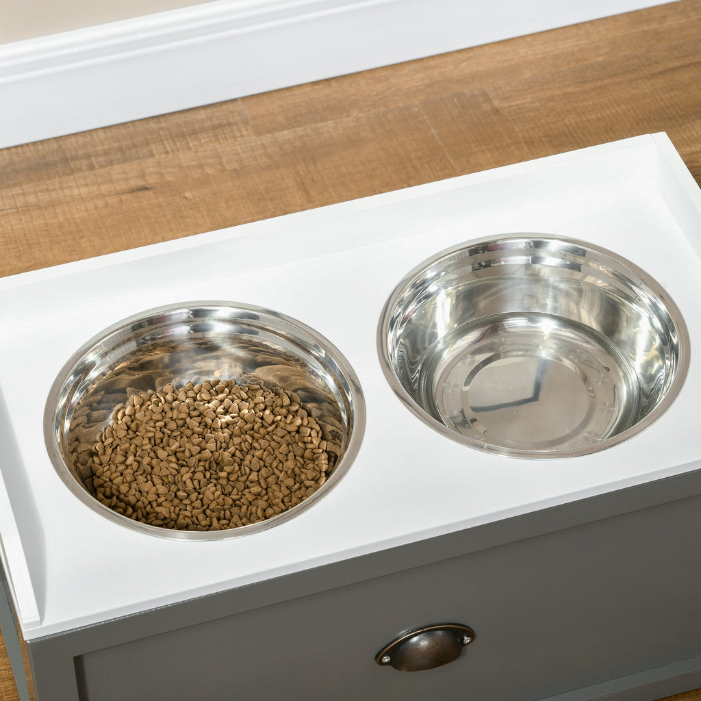Gamelle double chien chat - porte-gamelles surélevé rangement 2 en 1 - tiroir, 2 gamelles - acier inox. MDF blanc gris-7