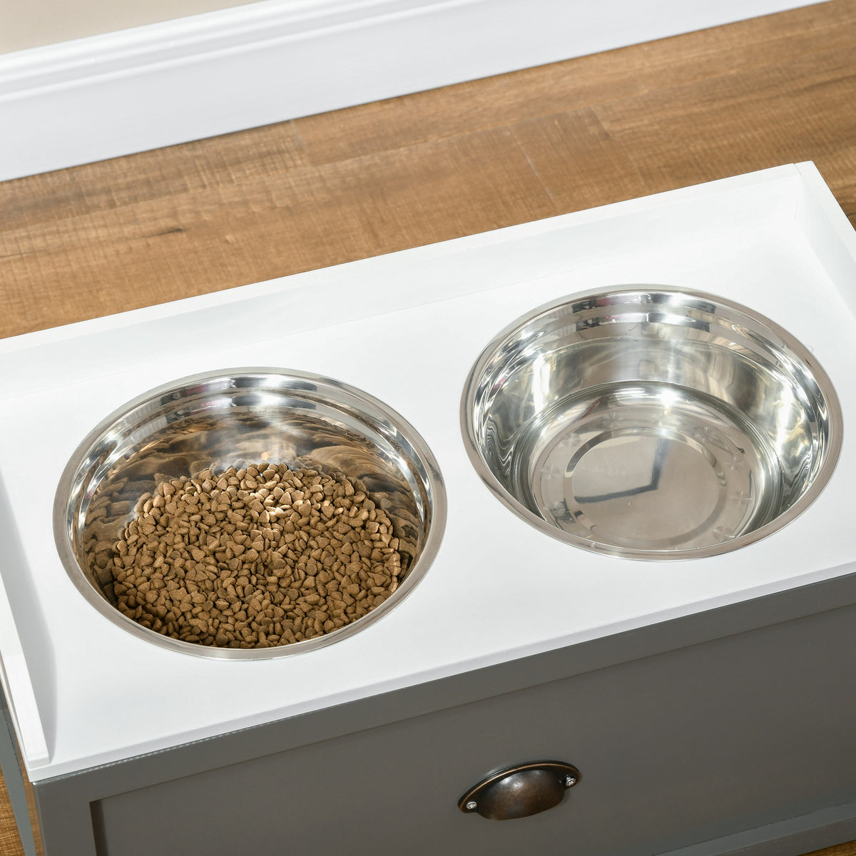 Gamelle double chien chat - porte-gamelles surélevé rangement 2 en 1 - tiroir, 2 gamelles - acier inox. MDF blanc gris-7