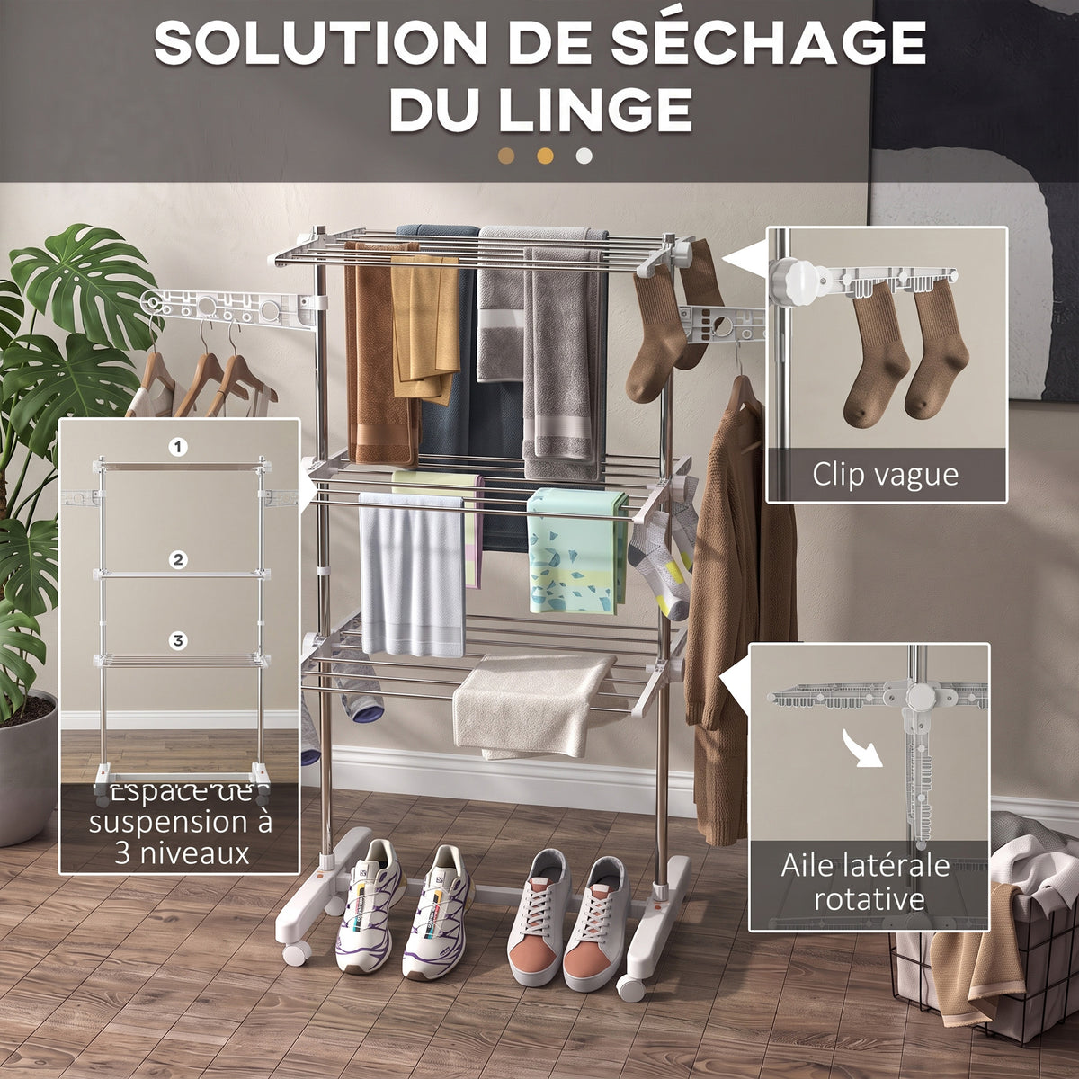 Étendoir à Linge 3 Niveaux, Sechoir a Linge avec 6 Roulettes, Pliable, Cadre en Acier Inoxydable et Ailes Latérales, pour Intérieur Extérieur, 142 x 55 x 152 cm, Blanc-4