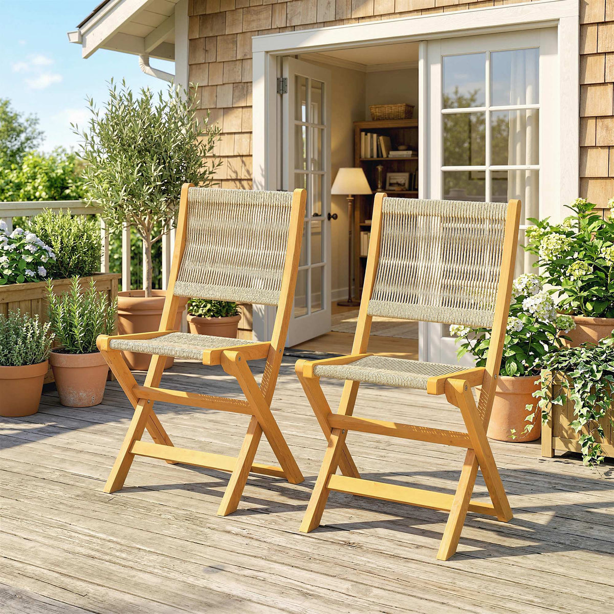 Lot de 2 Chaises de Jardin Pliantes Chaises de Balcon en Bois d'Acacia Assise en Corde Tressée Naturel et Beige-1
