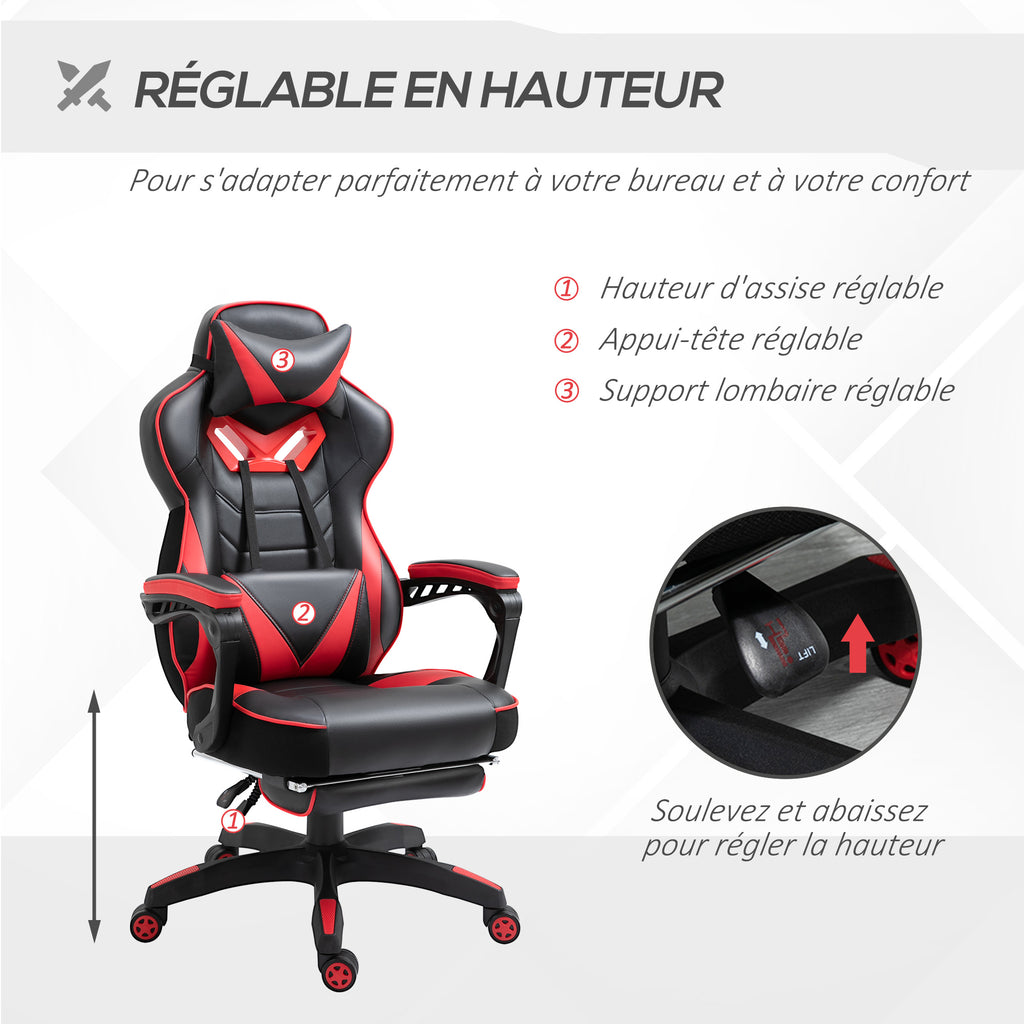 Chaise gaming Ergonomique, Fauteuil de Bureau confortable avec Repose-Pied, Appuie-Tête et coussin lombaire, Hauteur Réglable, noir et rouge-3