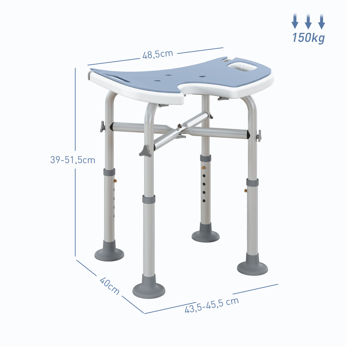 Tabouret de Douche, Hauteur Ajustable 39-51,5 cm, Barre d'Appui à Ventouse, Patins à Ventouse, Bleu Clair-2