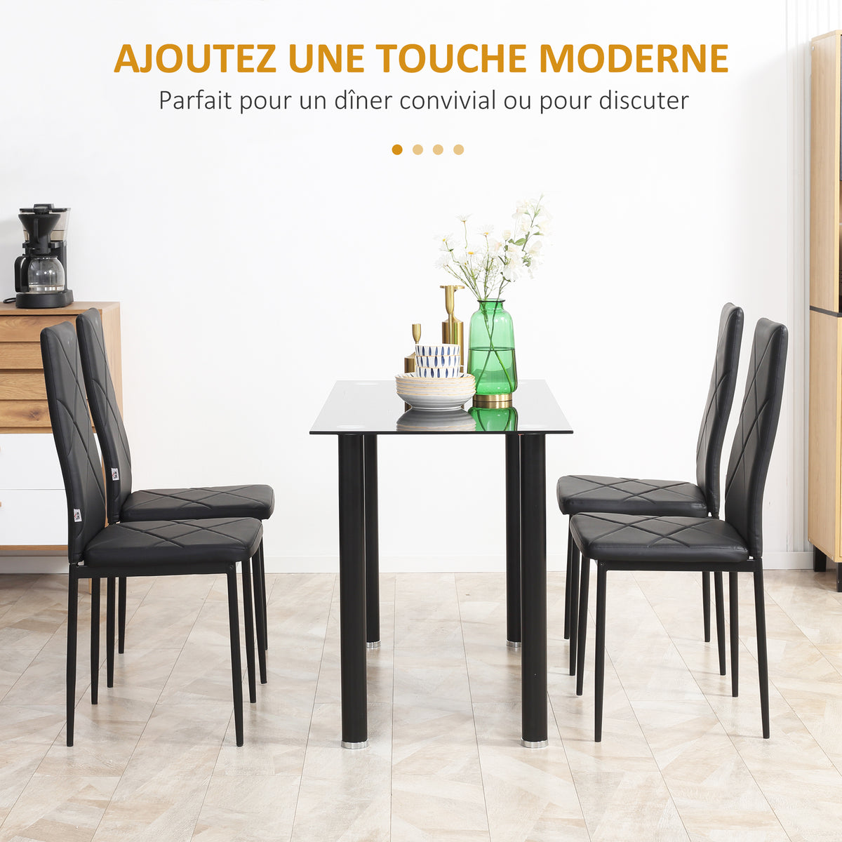 Lot de 4 chaises de salle à manger avec dossier haut, revêtement synthétique et pieds en acier, noir-3
