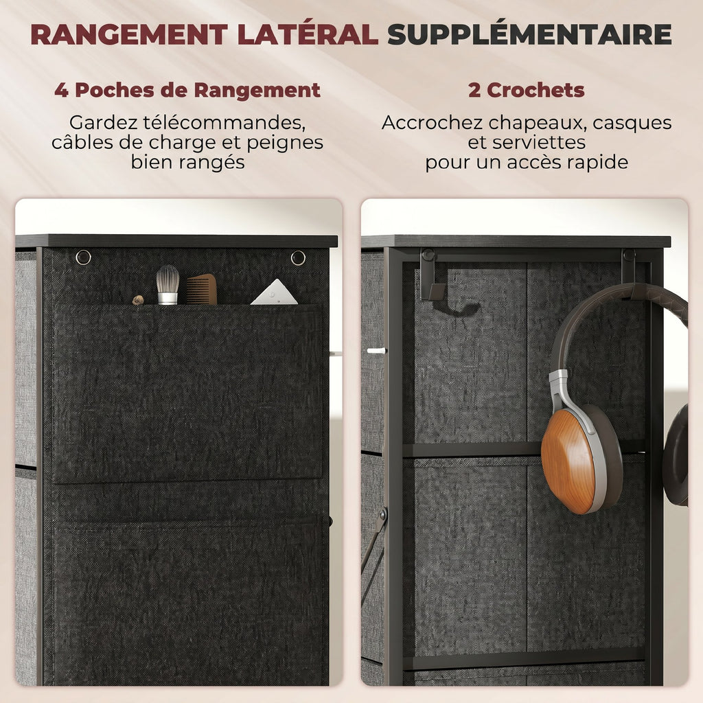 Commode 4 tiroirs en tissu, meuble de rangement avec 4 poches, 2 crochets, structure en acier, 45 x 30 x 94,5 cm, gris-4