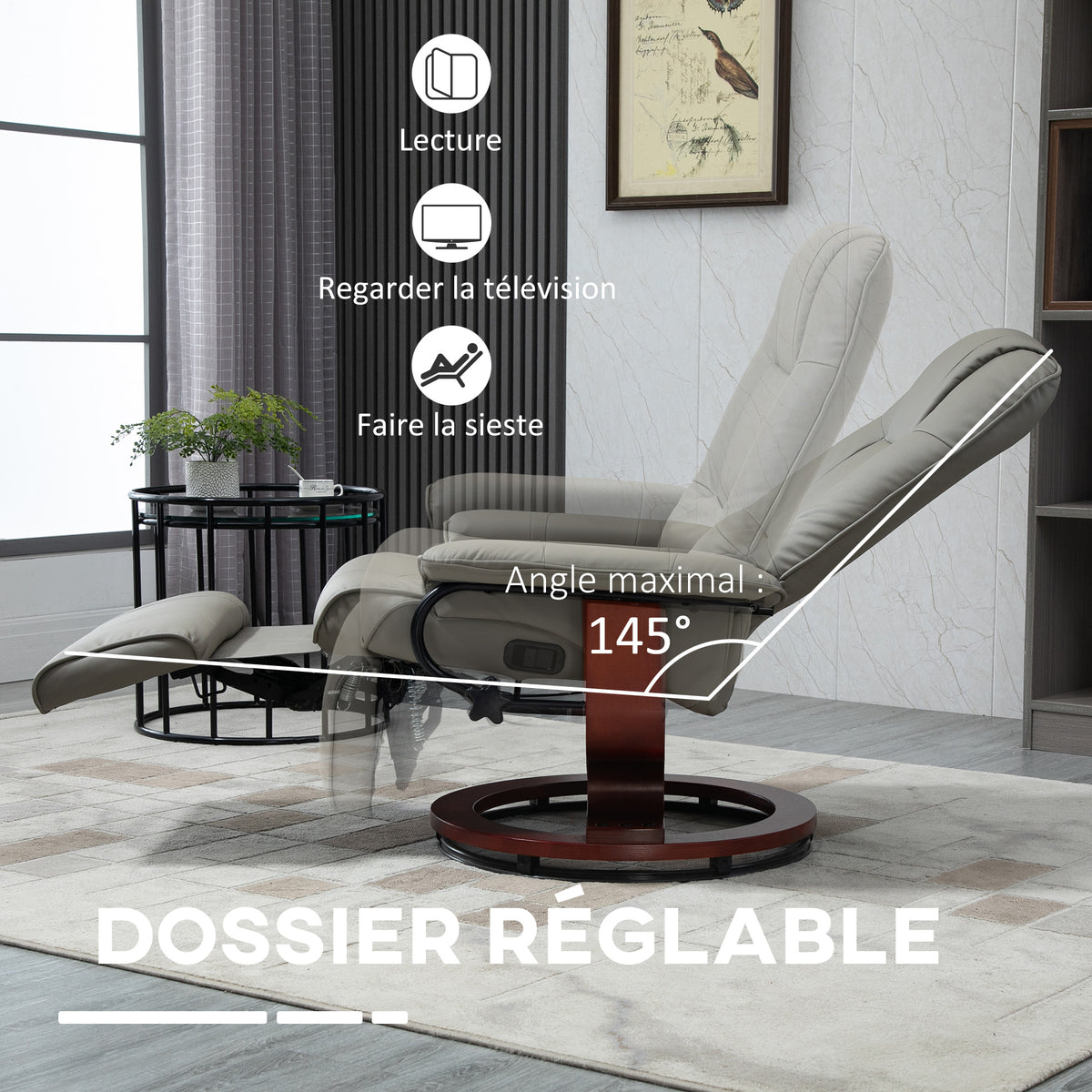 Fauteuil relax inclinable repose-pieds réglable pivotant 360° piètement bois revêtement PU respirant et doux gris-3