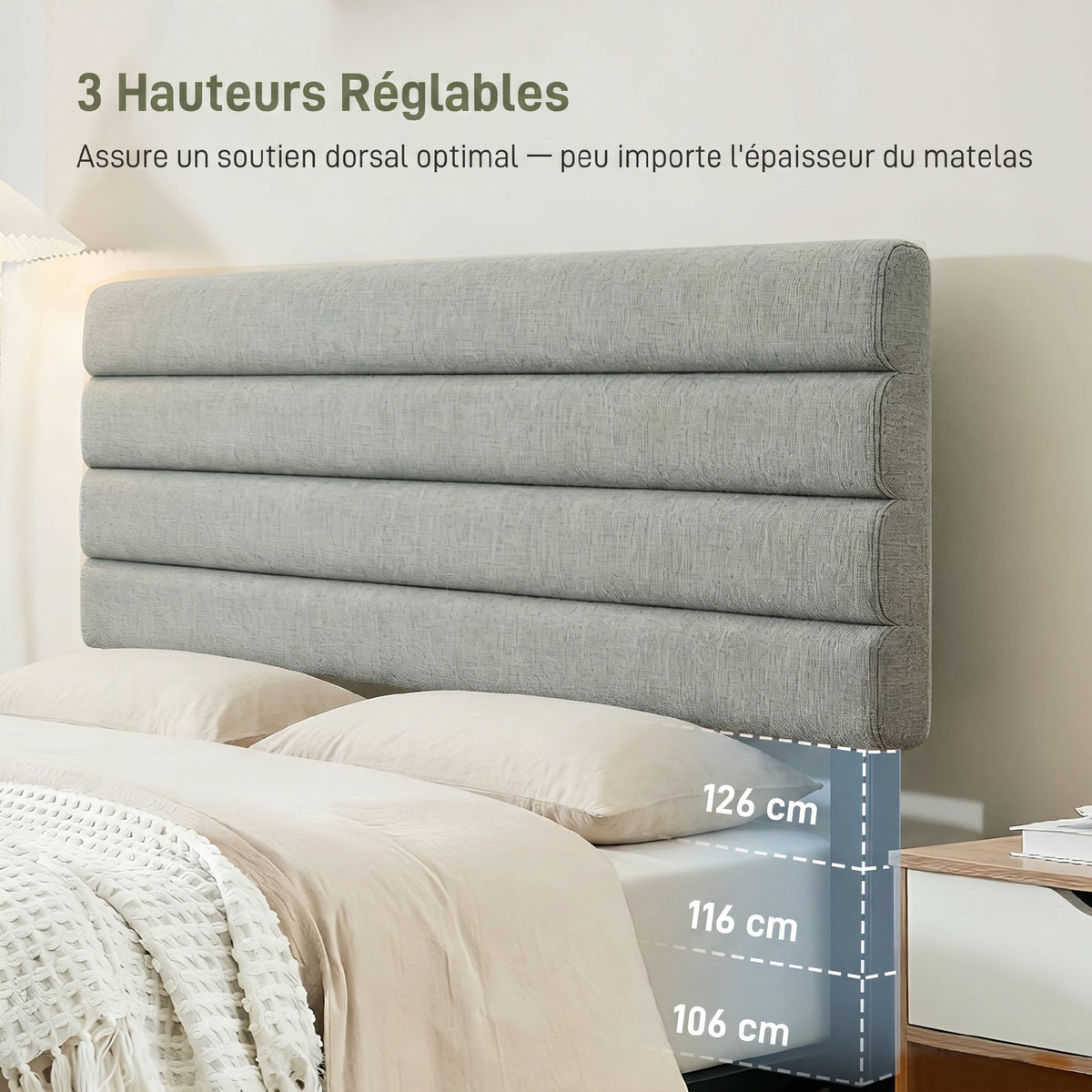 Tête de Lit Capitonnée, Hauteur Ajustable en 3 Niveaux avec Pieds en Métal pour Chambre, 140 x 10 x 106/116/126 cm, Gris-3