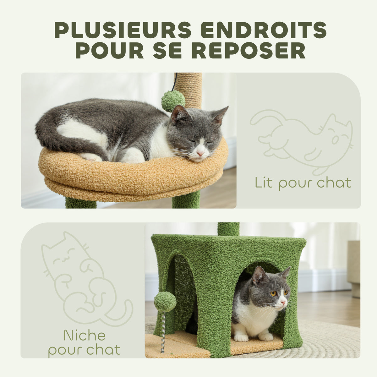 Arbre à chat tour de jeux pour chat avec niche lit griffoirs balles et feuilles artificielles 44 x 30 x 98 cm vert-4