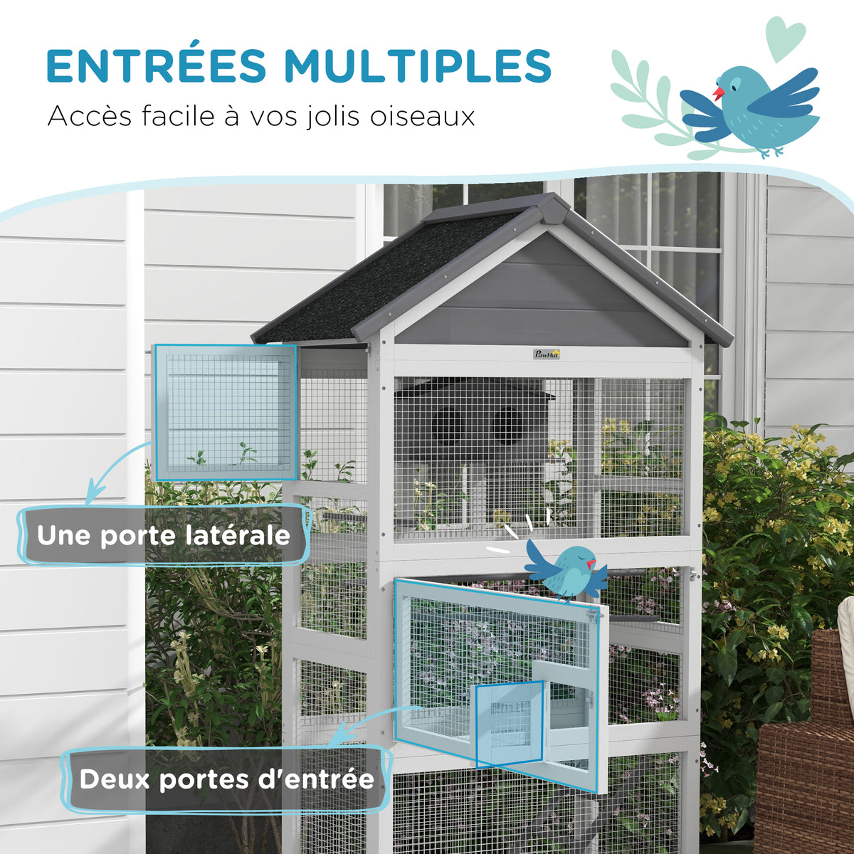 Cage à oiseaux en bois cage perroquet aire de jeux toit asphalte imperméable 92 x 52 x 171 cm gris-4