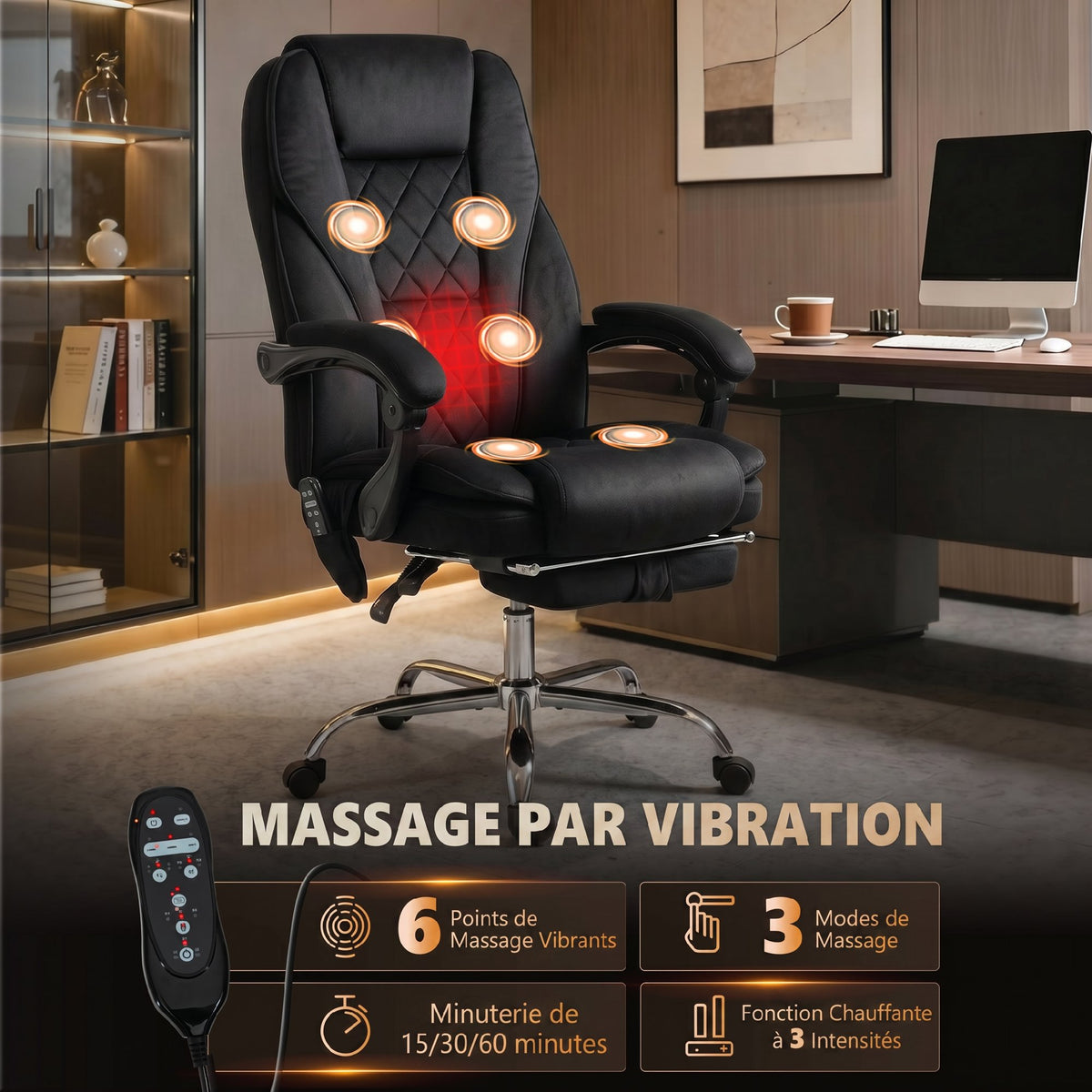 Fauteuil de bureau massant et chauffant hauteur réglable dossier inclinable télécommande repose-pieds rétractable noir-3