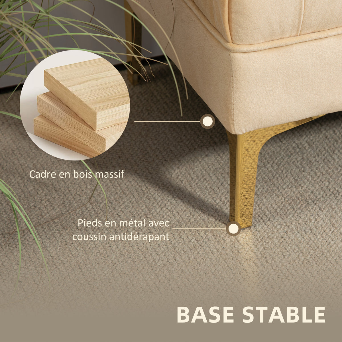 Banc banquette capitonnée bout de lit style classique chic dim. 118L x 45l x 42H cm piètement métal doré velours beige-5