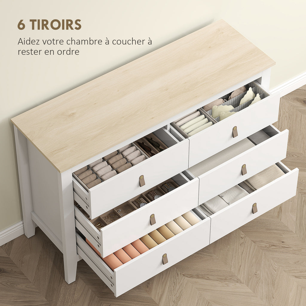 Commode 6 tiroirs meuble de rangement style contemporain avec poignées en polyuréthane, 120 x 40 x 78 cm, blanc-3