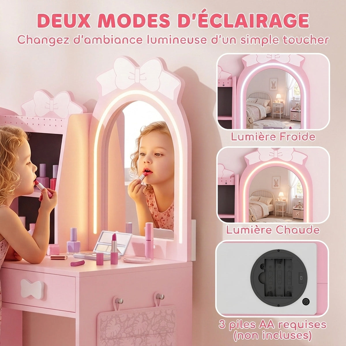 Coiffeuse pour Enfants avec Tabouret et Miroir Lumineux à 2 Couleurs en Acrylique, Coiffeuse Bureau Fille 3-8 Ans, Rose-4
