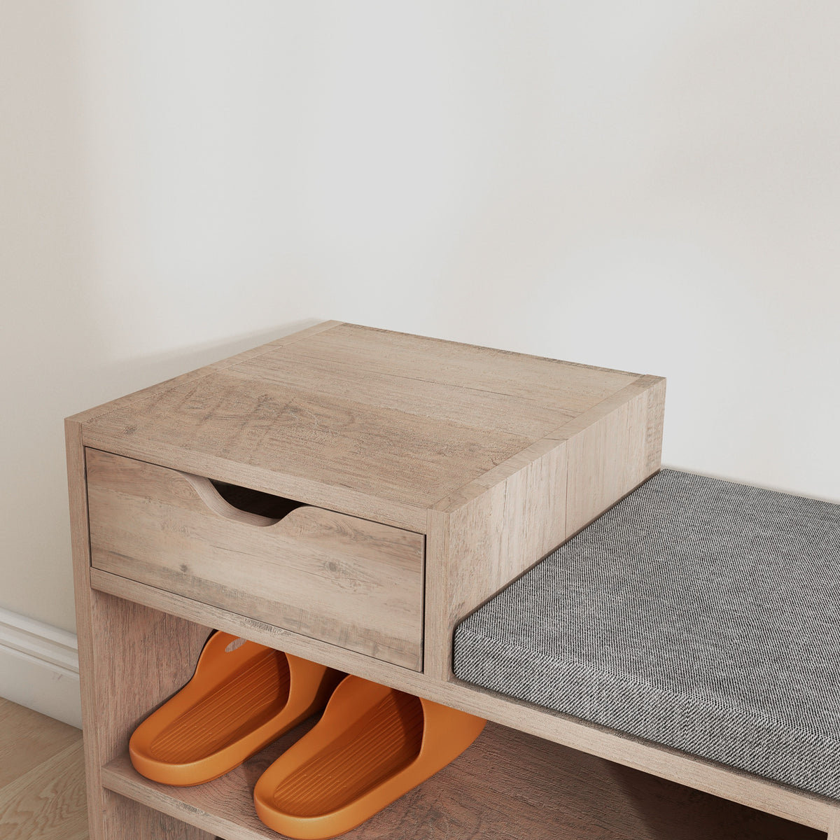 Banc à chaussures 1 tiroir et 3 compartiments, avec coussin rembourrée capacité 5 paires, 76,5 x 30 x 52 cm gris-7