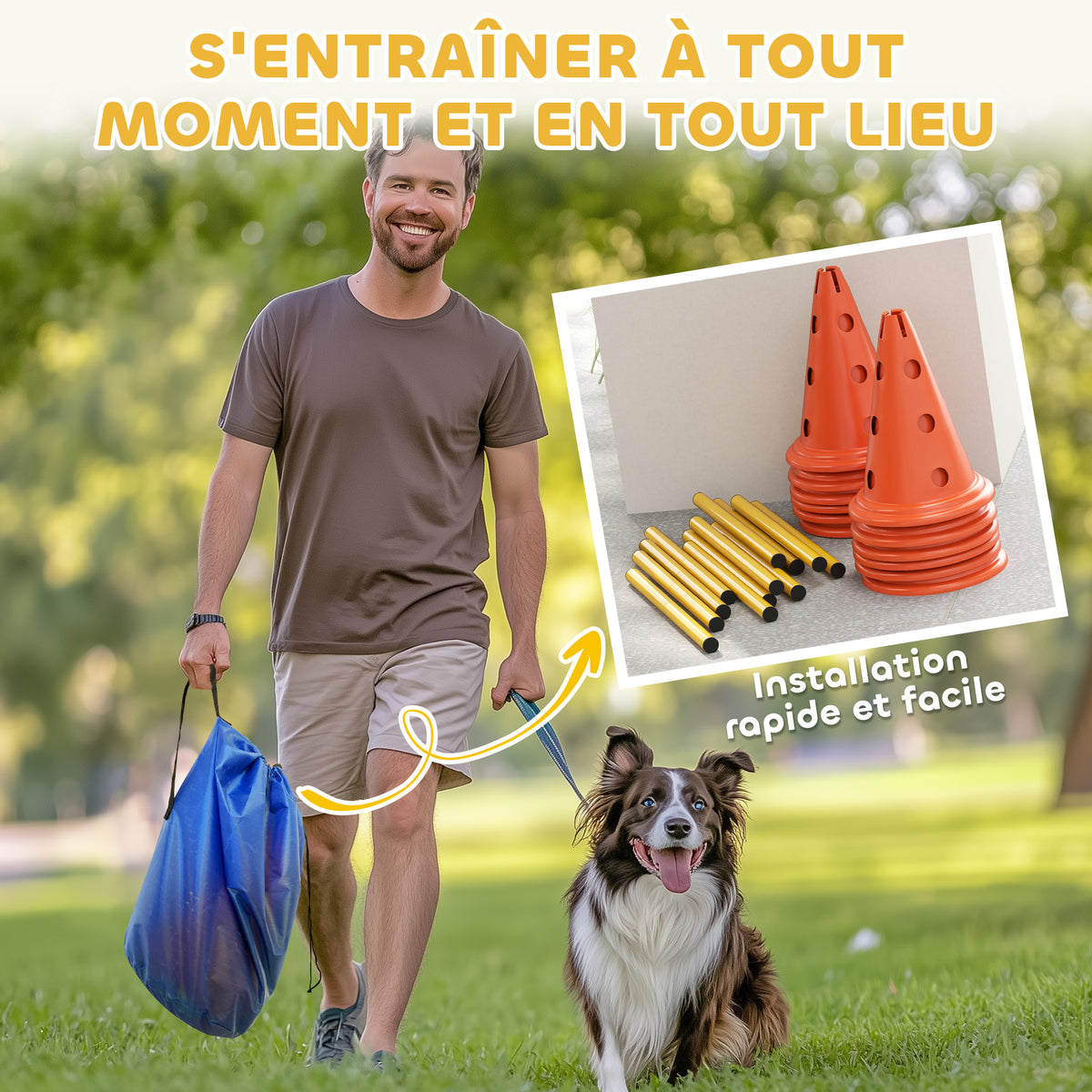 Ensemble d'Agilité pour Chien 6 Pièce, Parcours d'Obstacle hauteur réglable avec Sac de Transport, Orange-6