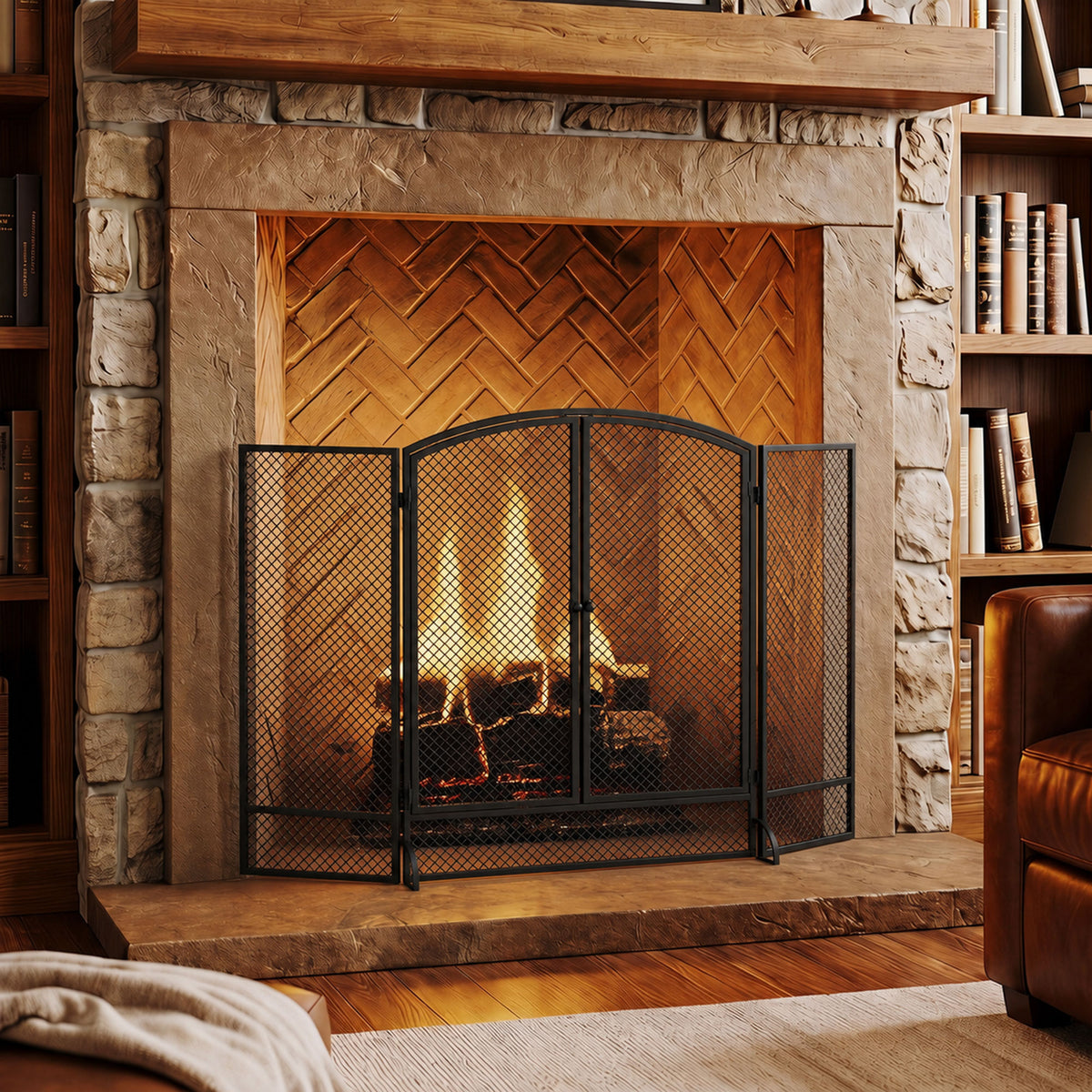 Pare-feu de Cheminée Pliable 3 Panneaux, 2 Portes, Style Moderne, Pare-Étincelles Cheminée en Métal, 122x10x75cm, Noir-1