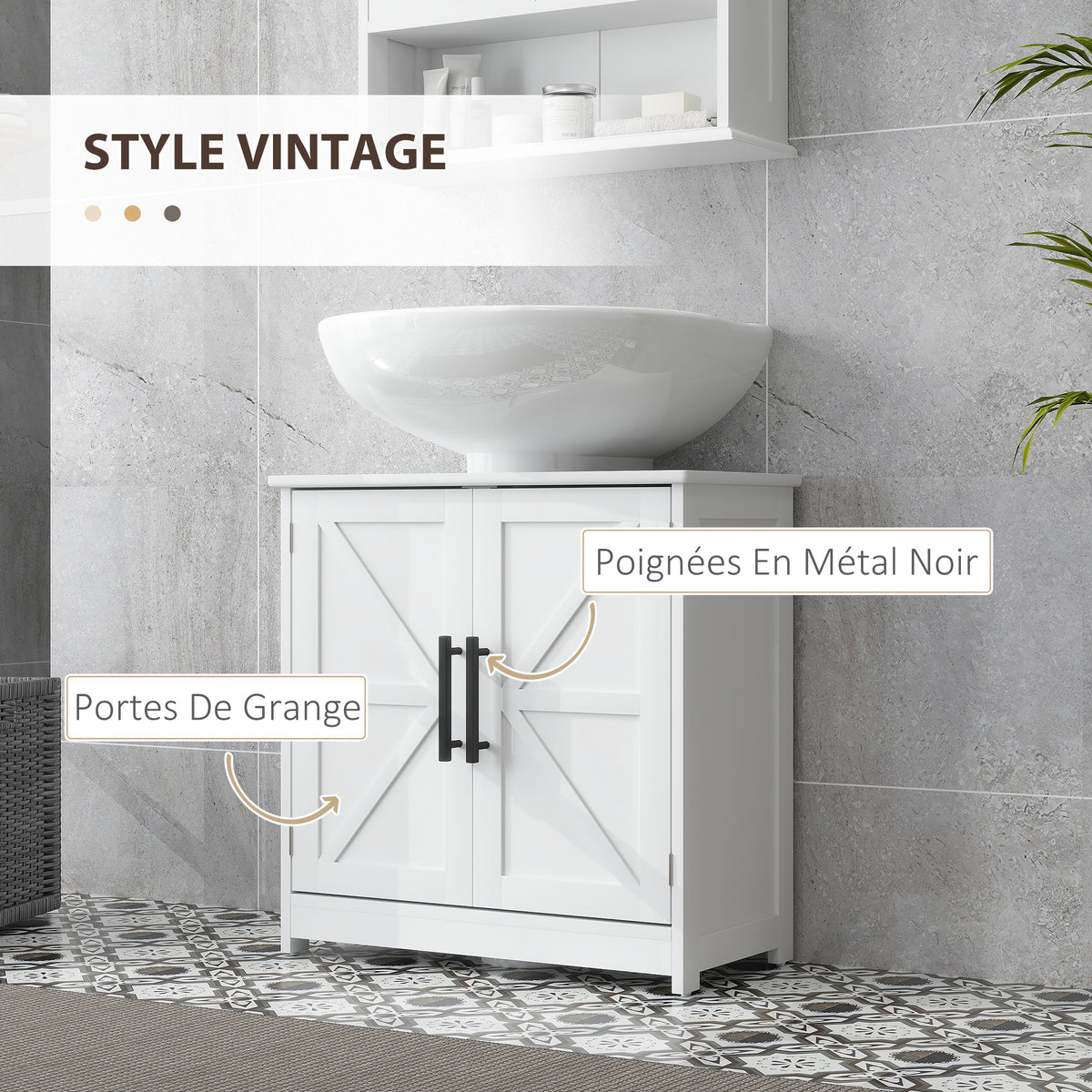 Meuble sous lavabo, meuble de salle de bain avec 2 portes magnétiques style grange et étagères, 60 x 30 x 60 cm, blanc-4