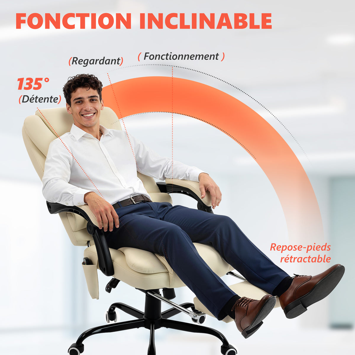 Fauteuil de bureau massant, chaise de bureau avec hauteur réglable, dossier inclinable et télécommande filaire, beige-4