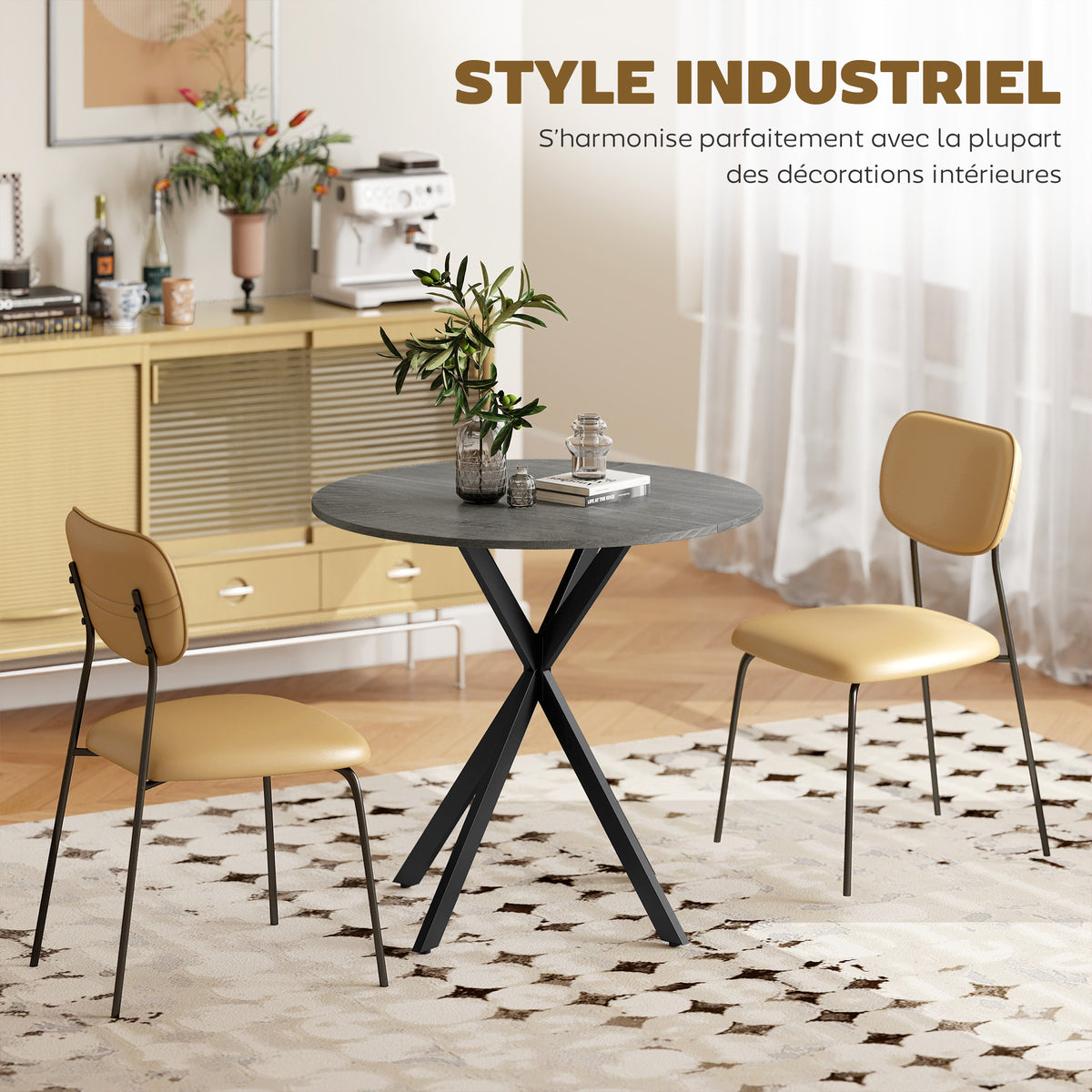 Table à Manger Ronde pour 2 Personnes avec Plateau Aspect Bois et Piètement Croisé en Acier, Gris-4