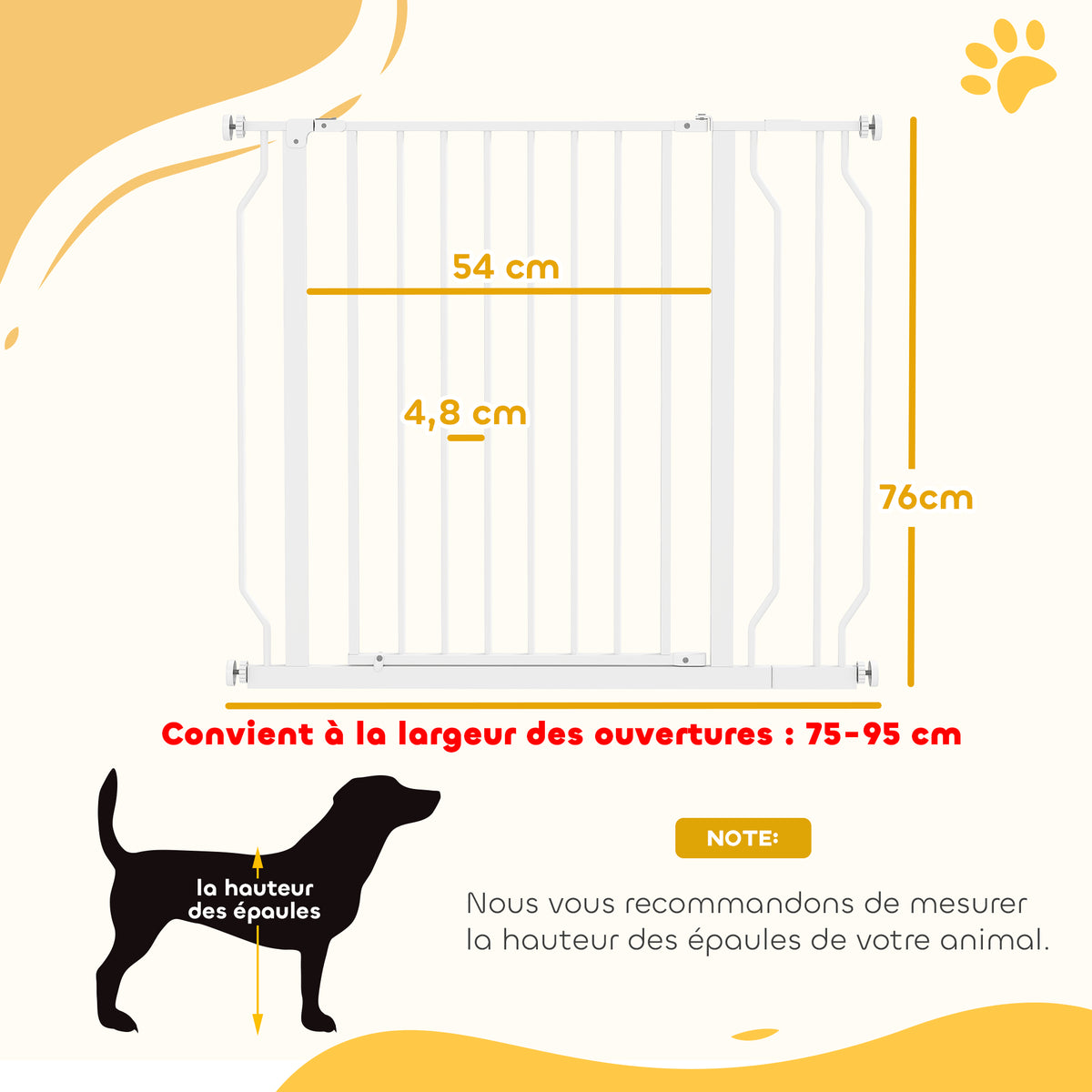 Barrière de sécurité chien barrière extensible 75-95 x 76 cm barrière escaliers couloirs portes sans perçage en acier et ABS blanc-2