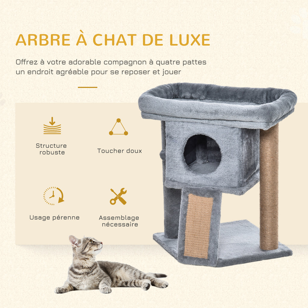 Arbre à chat hauteur de 57 cm avec griffoir en jute, niche, plateforme et balle de jeu, en tissu peluche gris clair-3