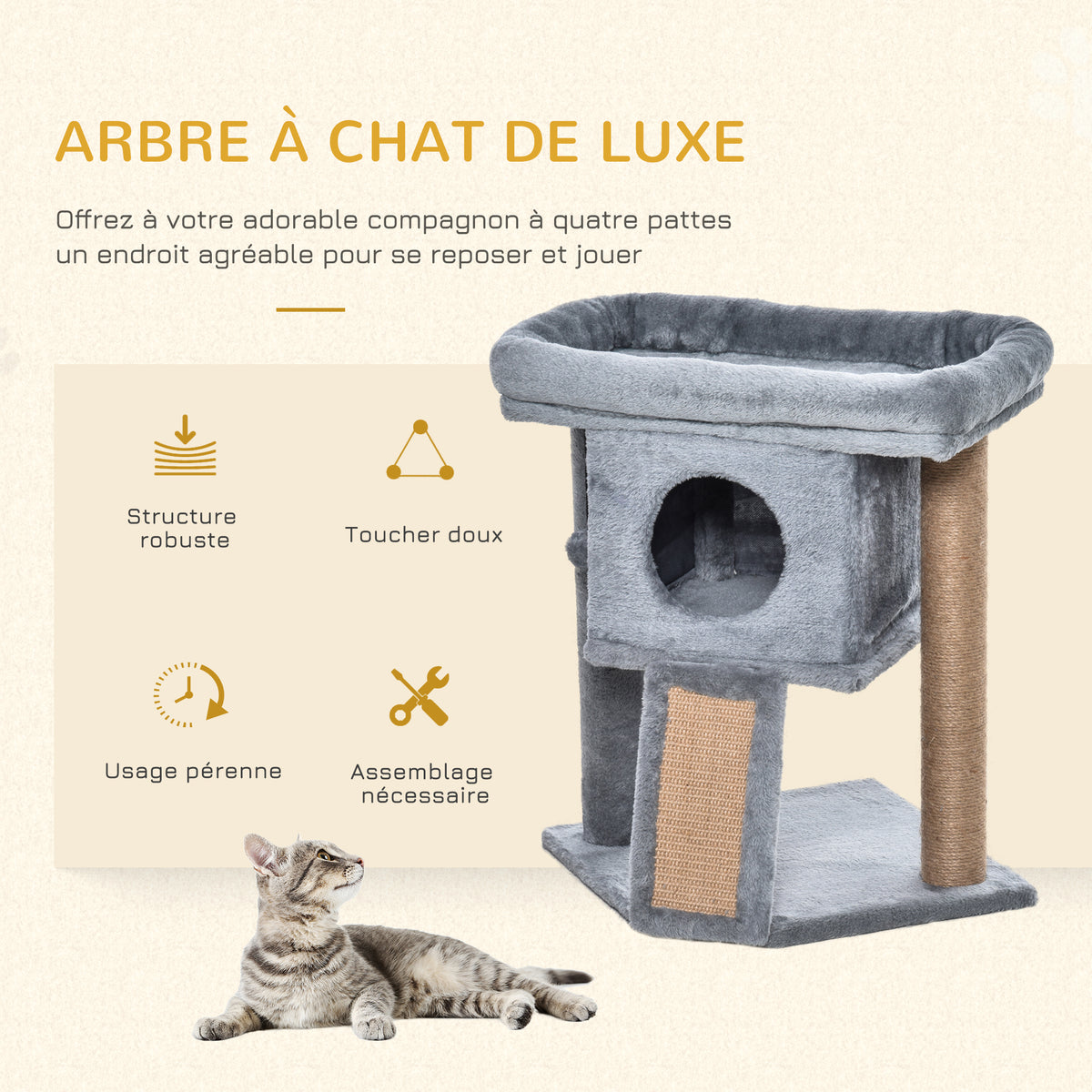 Arbre à chat hauteur de 57 cm avec griffoir en jute, niche, plateforme et balle de jeu, en tissu peluche gris clair-3
