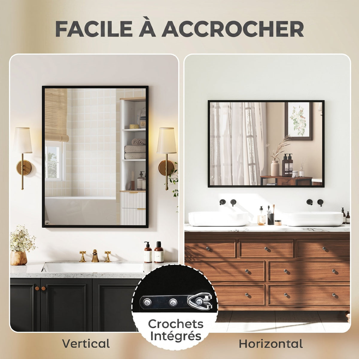 Miroir mural rectangulaire 76 x 101 cm, cadre en bois noir, idéal pour la salle de bain, salon ou chambre-4