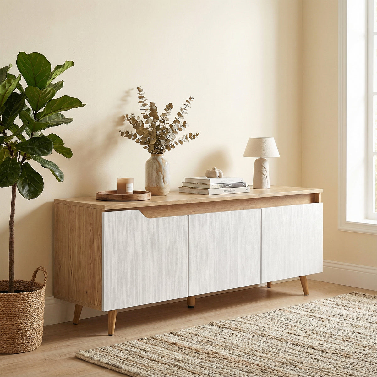 Meuble TV 120 cm, meuble télé pour téléviseur jusqu'à 55 pouces avec 3 portes, étagère réglable, chêne et blanc-8