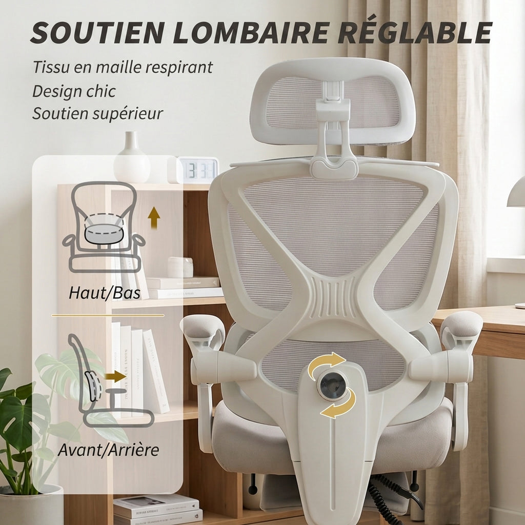 Chaise Bureau Ergonomique avec Appui-Tête Réglable, Fauteuil de Bureau Inclinable en Maille, Dossier Séparé, Gris-4