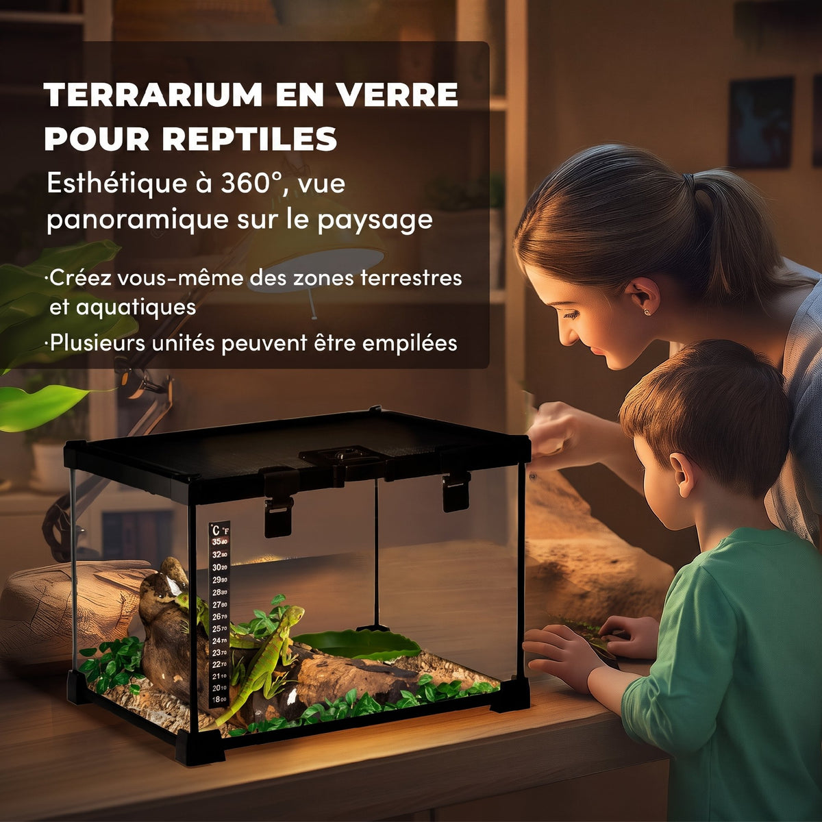 Boîte à reptiles boîte d'élevage de reptiles habitat de terrarium couvercle coulissant treillis métallique thermomètre-3