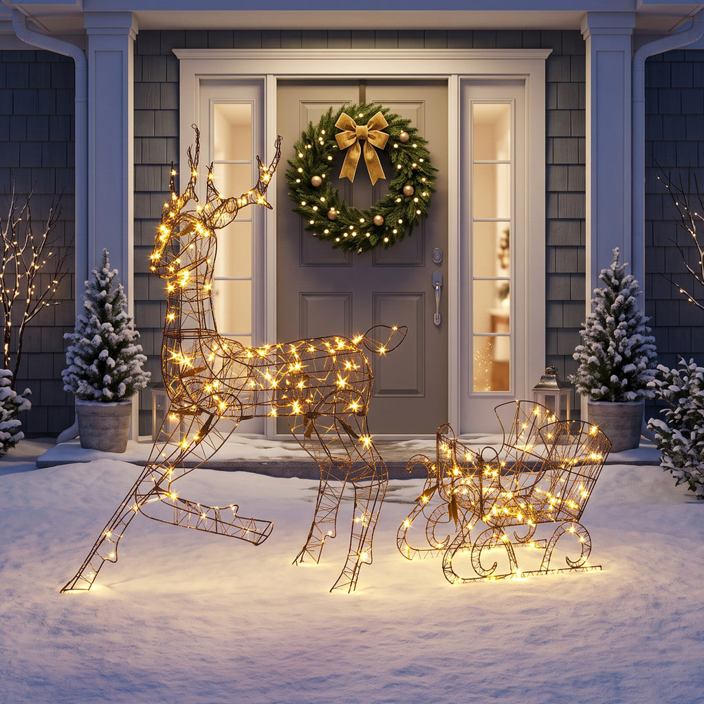 Renne de Noël avec Traîneau Lumineux 2 Pièces en Rotin PP, 175 LED Blanc Chaud, 8 Modes, Minuterie, 82x32x120cm, Marron-1