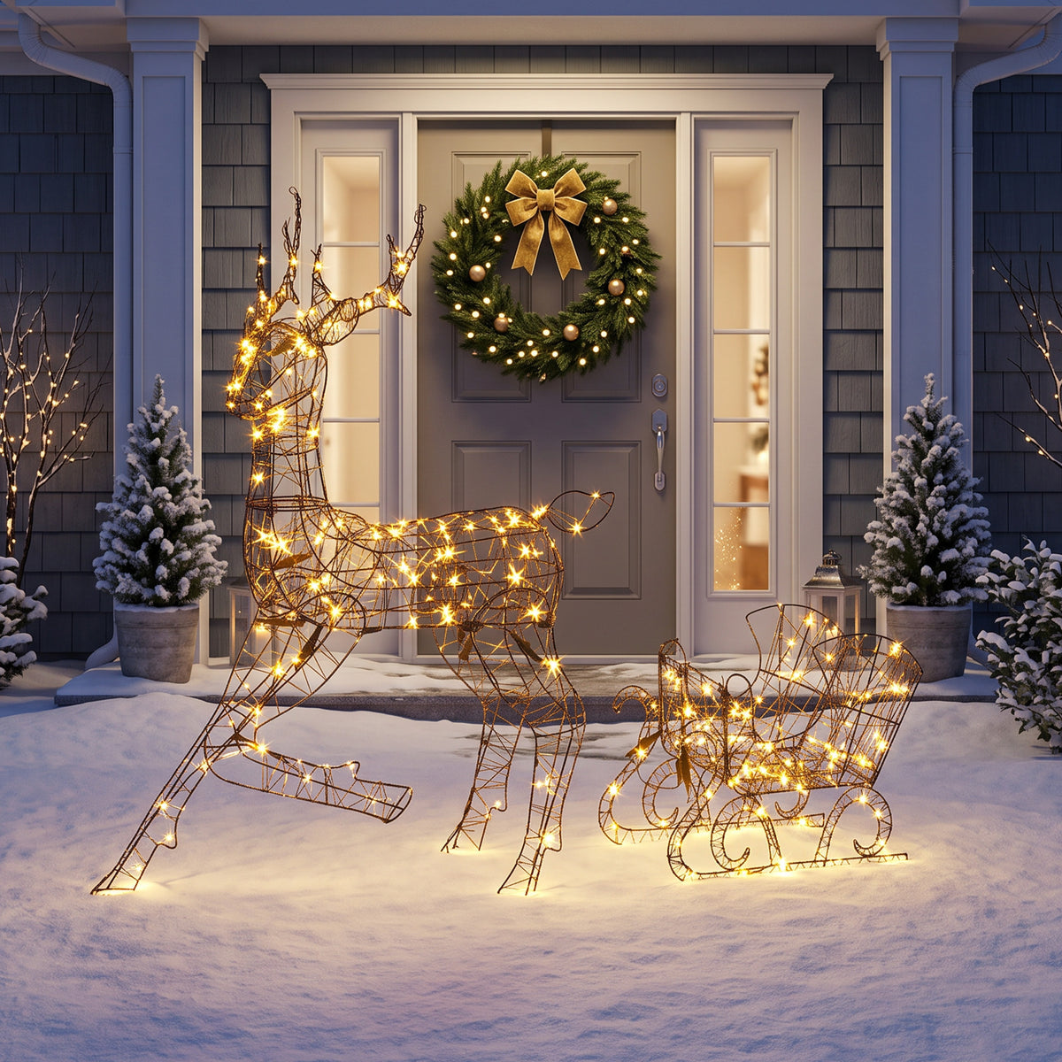 Renne de Noël avec Traîneau Lumineux 2 Pièces en Rotin PP, 175 LED Blanc Chaud, 8 Modes, Minuterie, 82x32x120cm, Marron-1