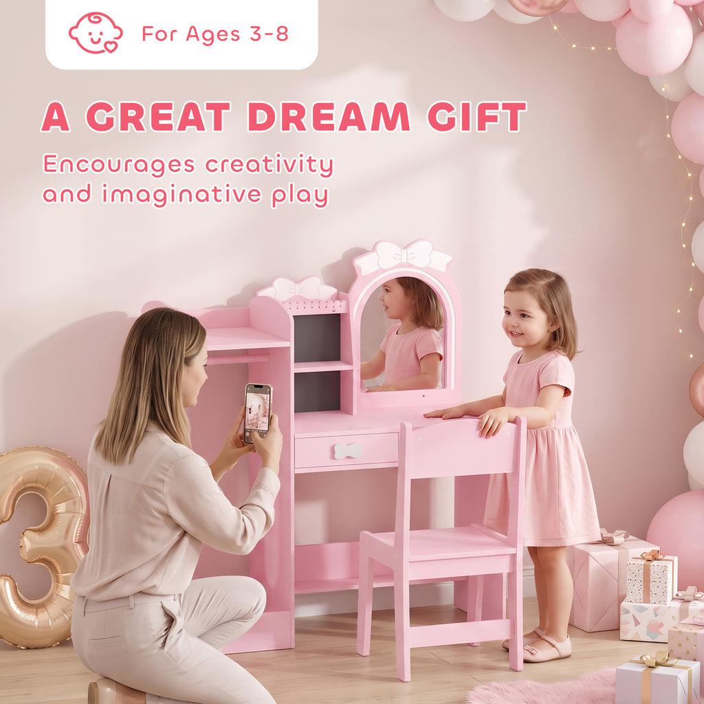 Coiffeuse pour Enfants avec Tabouret et Miroir Lumineux à 2 Couleurs en Acrylique, Coiffeuse Bureau Fille 3-8 Ans, Rose-7