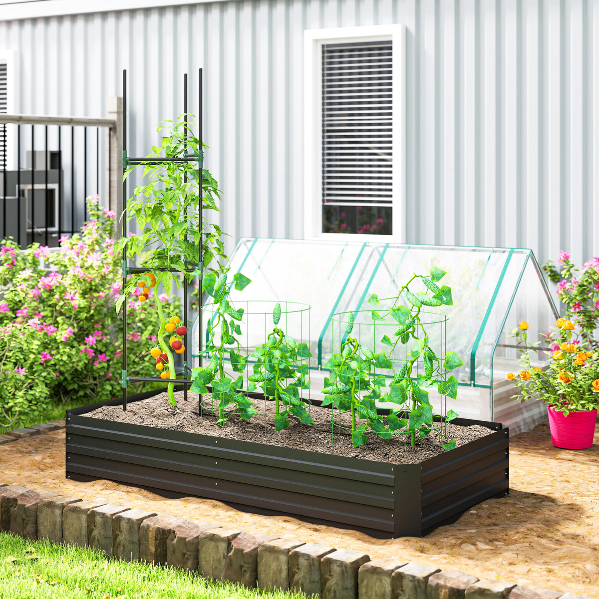 Carré potager jardinière rectangulaire en acier galvanisé tuteurs pour tomates et plantes grimpantes 180 x 90 x 29,5 cm-1