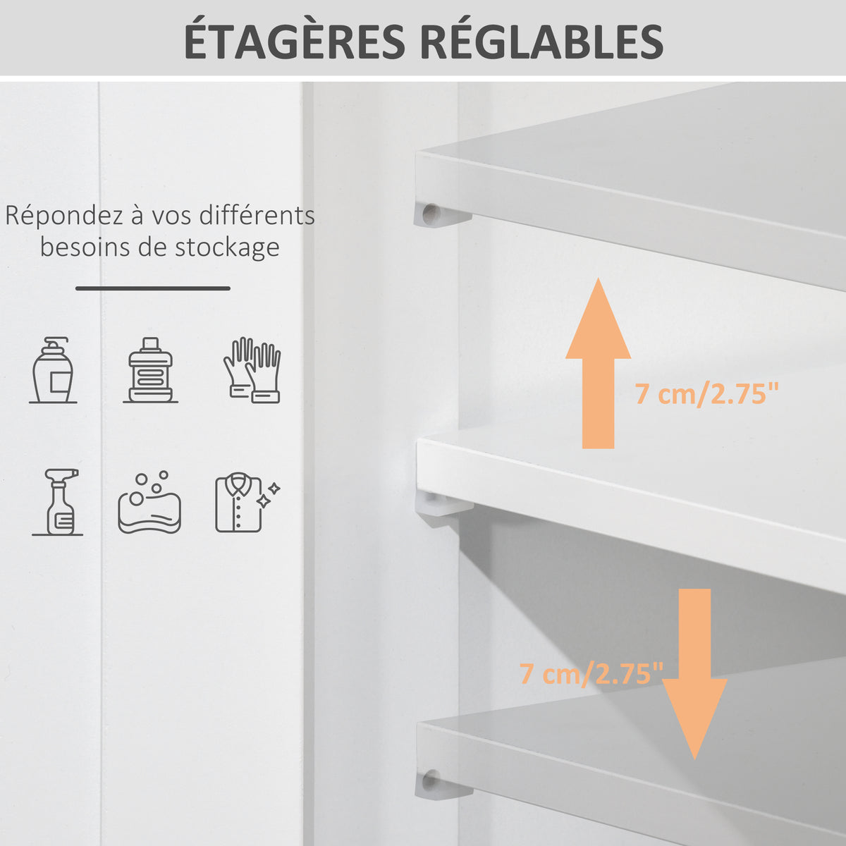 Meuble de salle de bain, meuble de rangement avec 2 tiroirs, niche, placard avec porte, étagère réglable, armoire de salle de bain, cuisine, salon, 60 x 30 x 109 cm, blanc-3