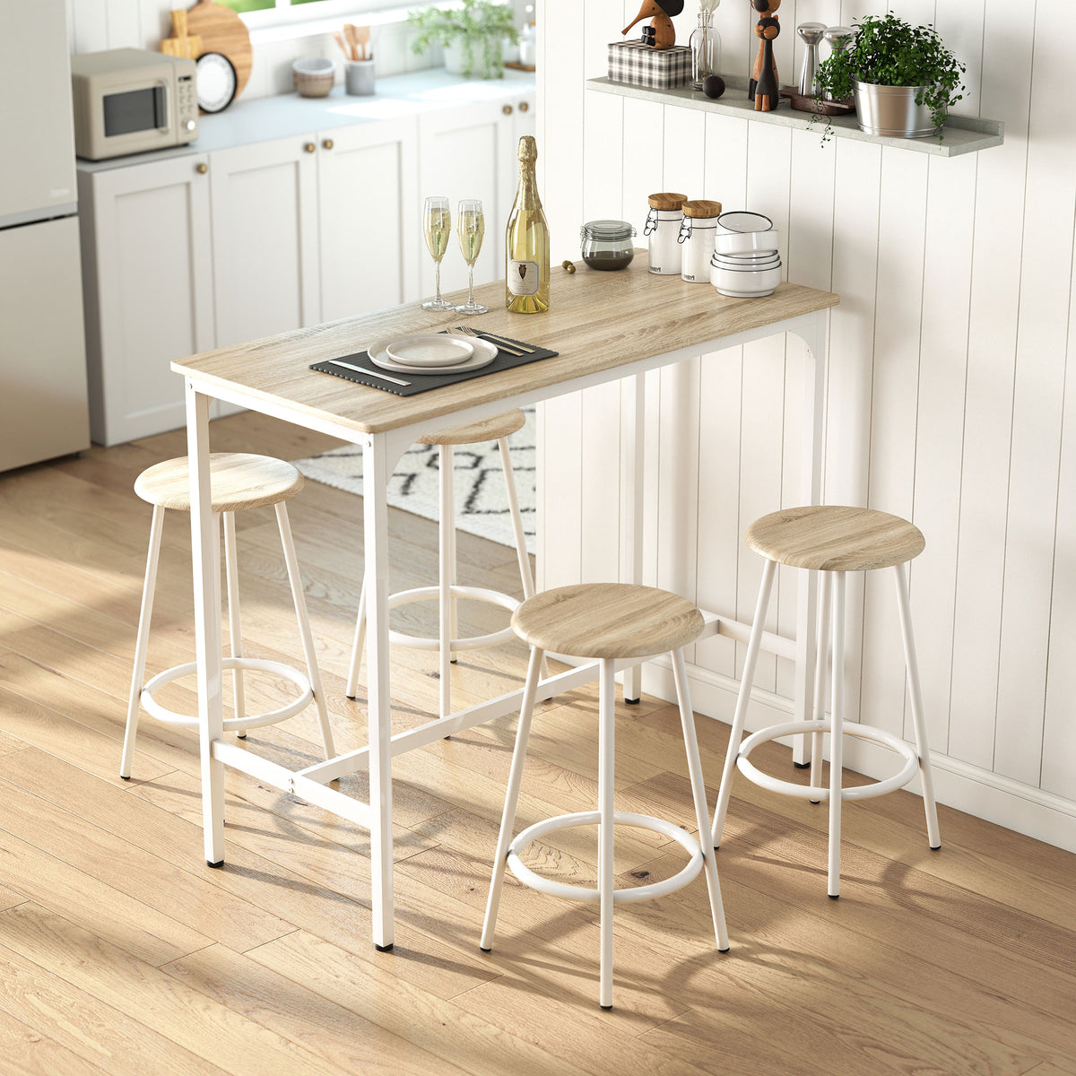 Ensemble table haute et 4 tabourets avec Repose-Pieds style moderne, structutre en métal effet bois naturel-1