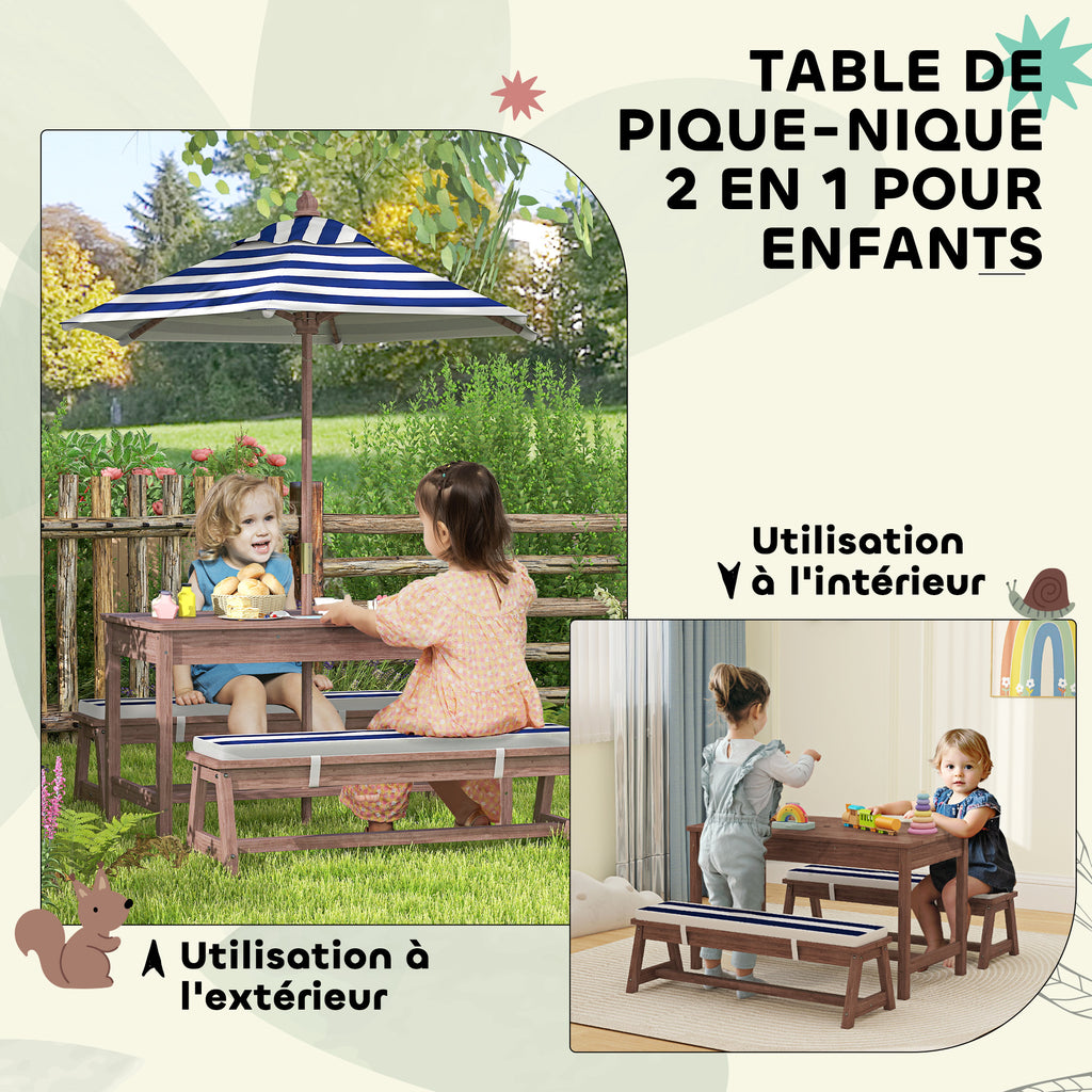 Ensemble salon de jardin extérieur enfant avec coussins et parasol amovible, rayé bleu marine et blanc-5