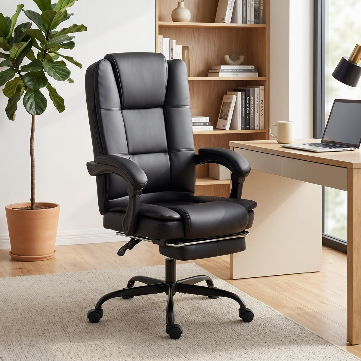 Chaise de bureau ergonomique, fauteuil de bureau inclinable en pu avec repose-pieds rétractable, hauteur réglable, noir-1