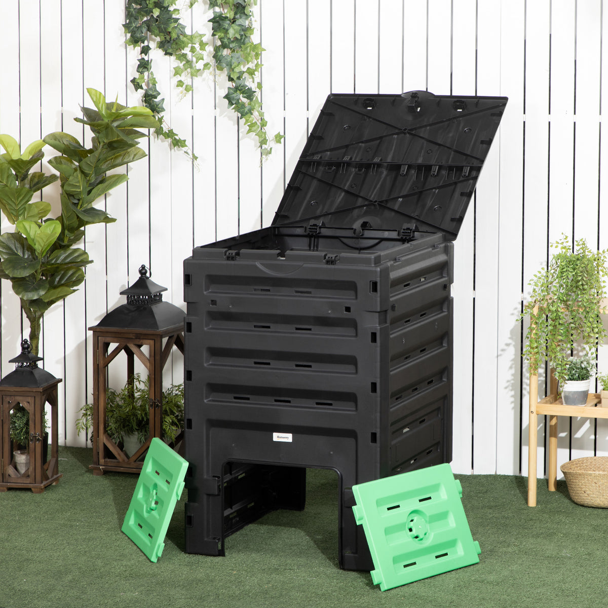 Composteur de jardin 450 L, bac composteur pour jardin, 80 aérations et 2 portes coulissantes, 69 x 71 x 103 cm, noir-8