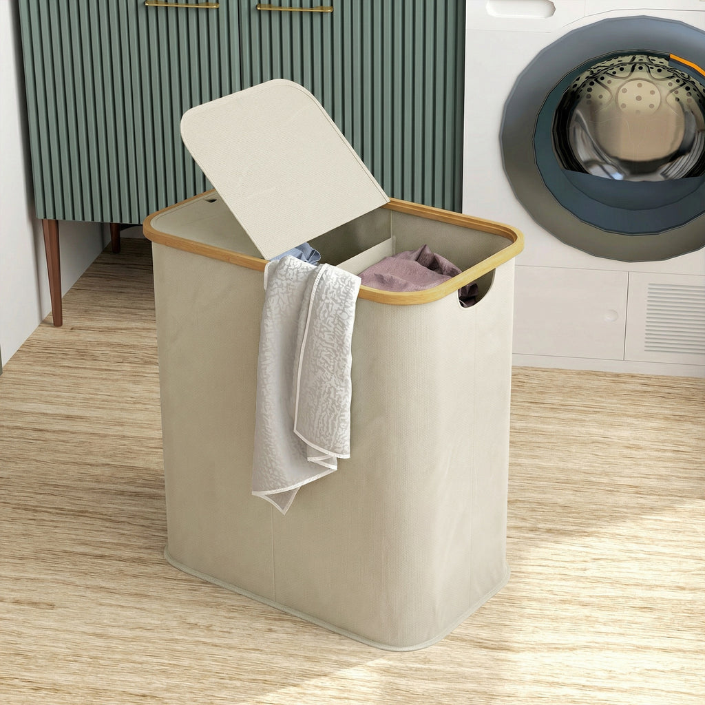 Panier à linge double pliable 80 L corbeille à linge sale avec couvercle, poignées rainurées, beige-6