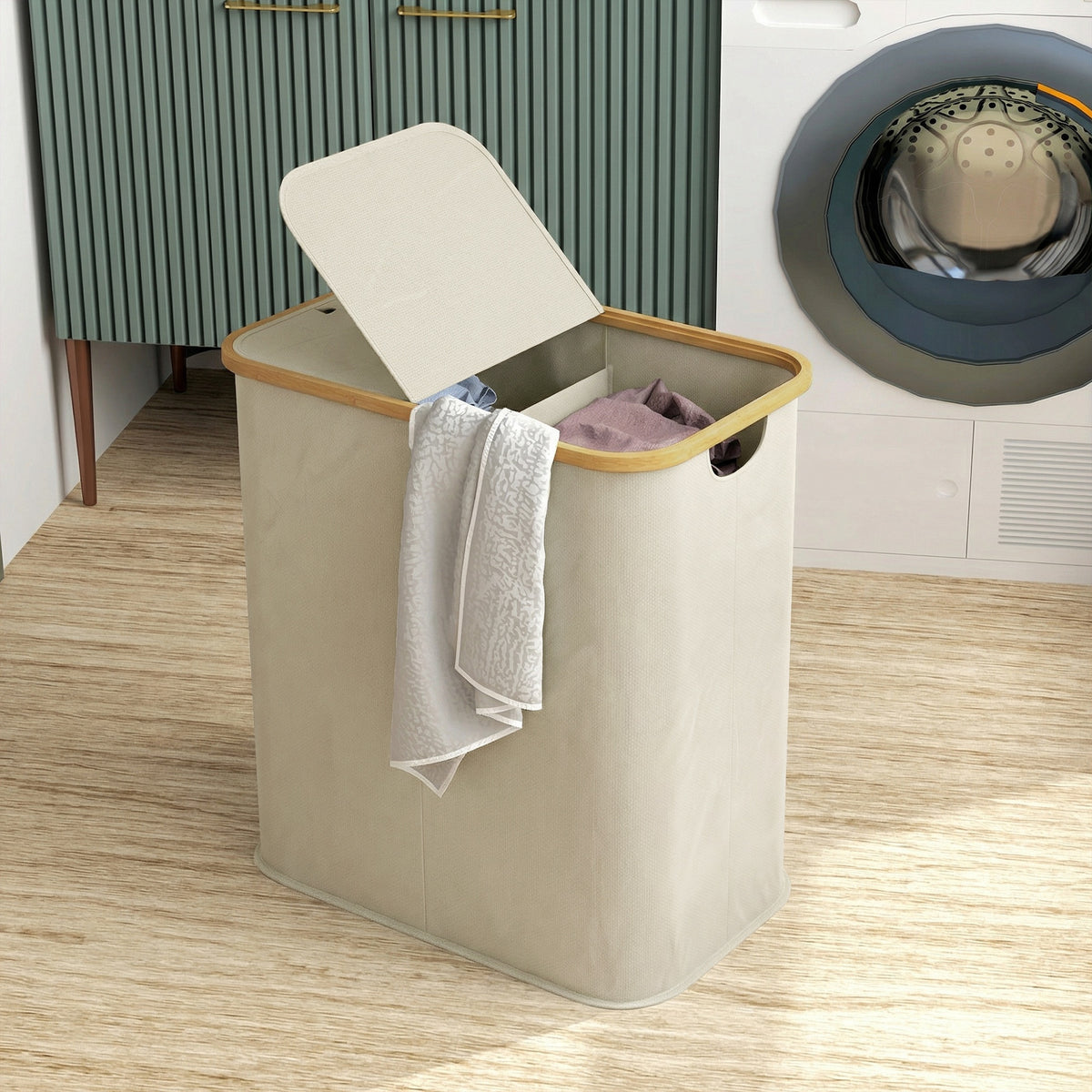 Panier à linge double pliable 80 L corbeille à linge sale avec couvercle, poignées rainurées, beige-6