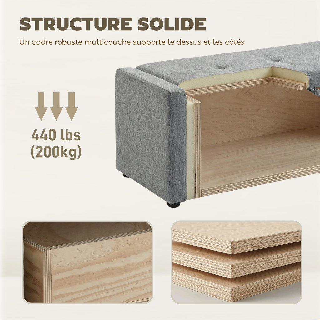 Banc de rangement, bout de lit, repose-pieds rembourré en lin avec assise large, 122 x 48 x 44 cm, gris clair-5