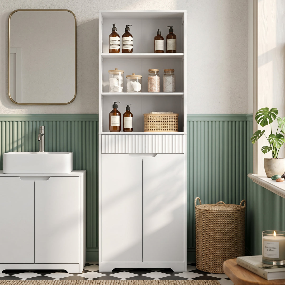 Meuble de salle de bain haut, 2 portes à fermeture douce, tiroir, 3 compartiments ouverts et étagères réglables, blanc-1