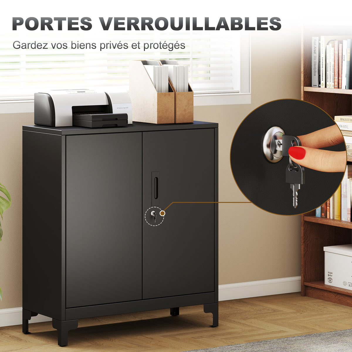 Armoire de bureau à 2 niveaux, meuble de rangement bureau métallique avec 2 portes verrouillables, 80 x 35 x 91 cm, noir-4