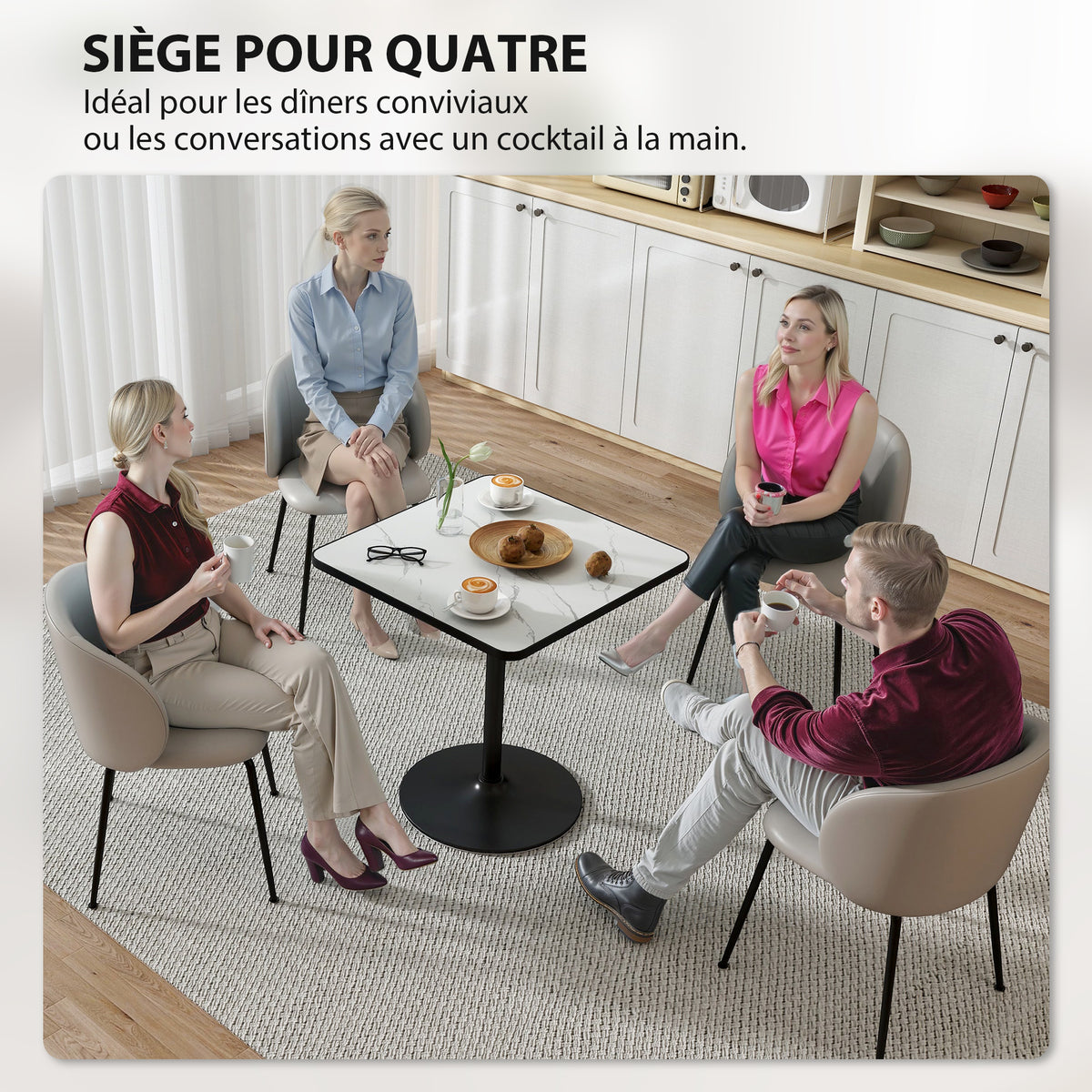 Table à manger pour 4 personnes table de cuisine style moderne avec plateau effet marbre et base ronde, 70 x 70 cm, blanc-3