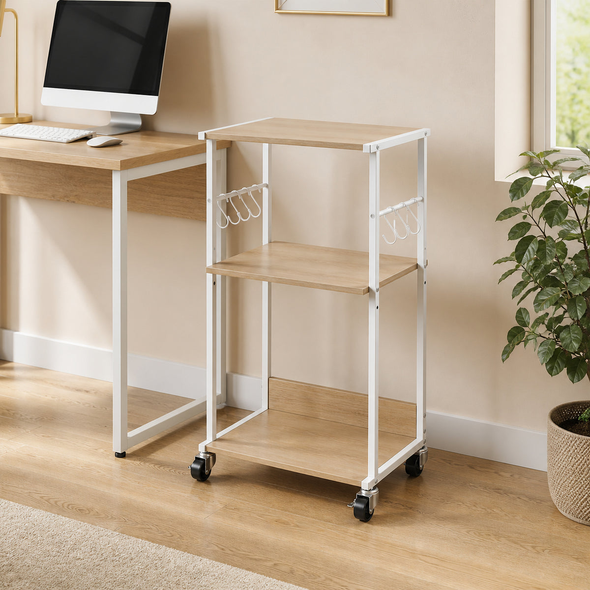 Support pour Imprimante à 3 Niveaux avec Roulettes et Crochets, Étagère de Rangement pour Bureau, Salon, Bois Naturel-1