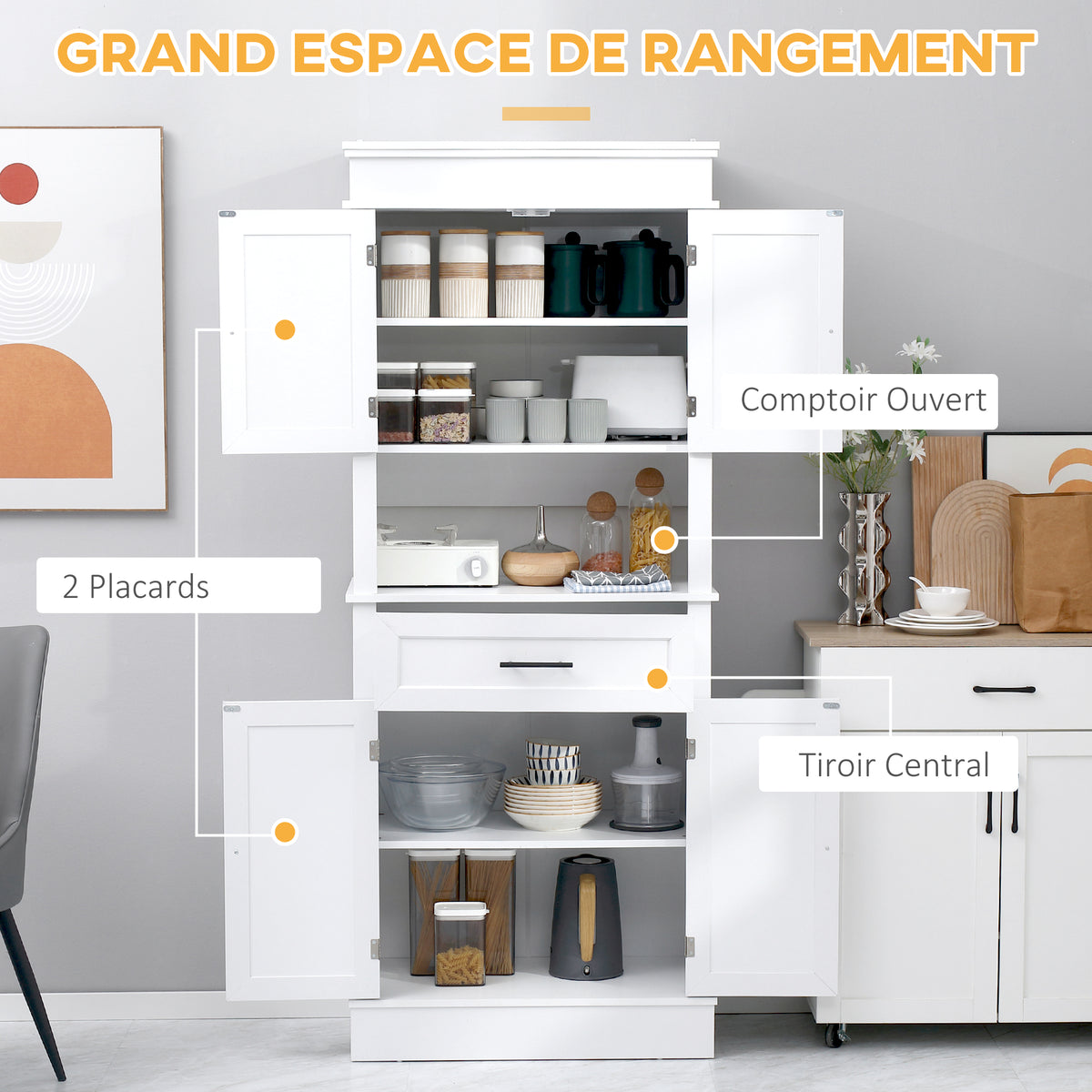 Buffet de cuisine armoire de cuisine multi-rangements 2 placards 2 portes tiroir niche MDF panneaux particules E1 blanc-3