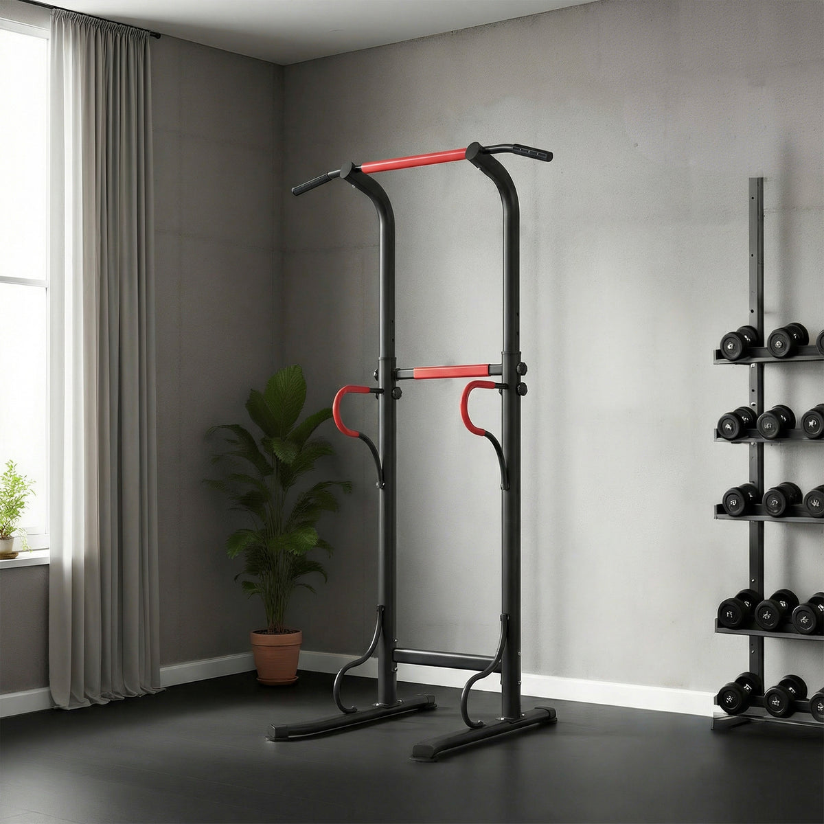 Station de musculation multifonctions barre de traction chaise romaine hauteur réglable acier noir rouge-9