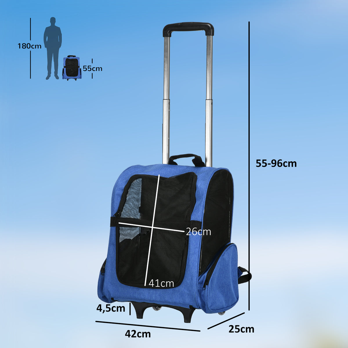 Sac de transport à roulettes pour chien 2 en 1 trolley chariot sac à dos pour chien chat avec poignée téléscopique, sacs de rangement, aérations, attache de sécurité, 42 x 25 x 55 cm, bleu-2