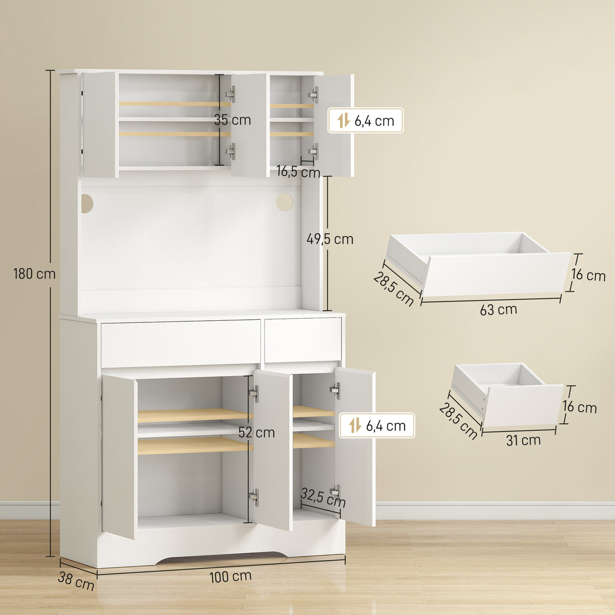 Buffet cuisine meuble cuisine rangement haut avec lumière LED RGB, plan de travail, 6 portes, 2 tiroirs, blanc-2