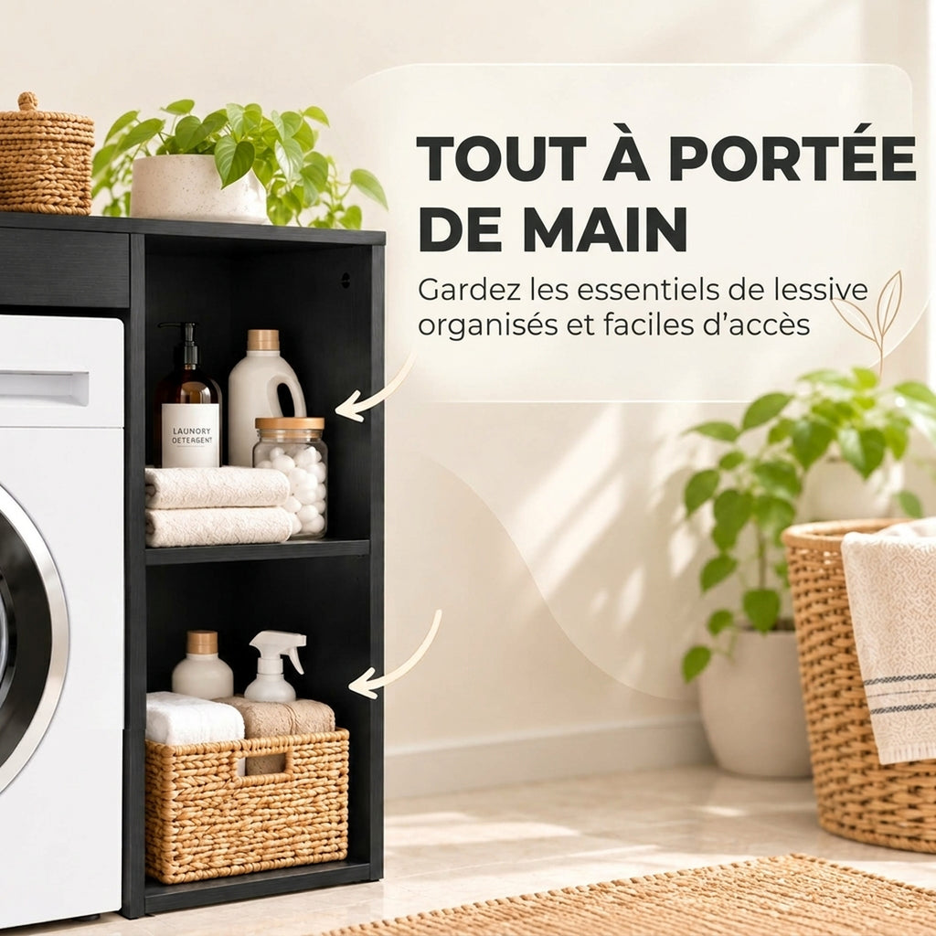 Meuble machine à laver, armoire machine a laver et sèche-linge avec 2 compartiments ouverts, 96 x 60 x 90,5 cm, noir-4
